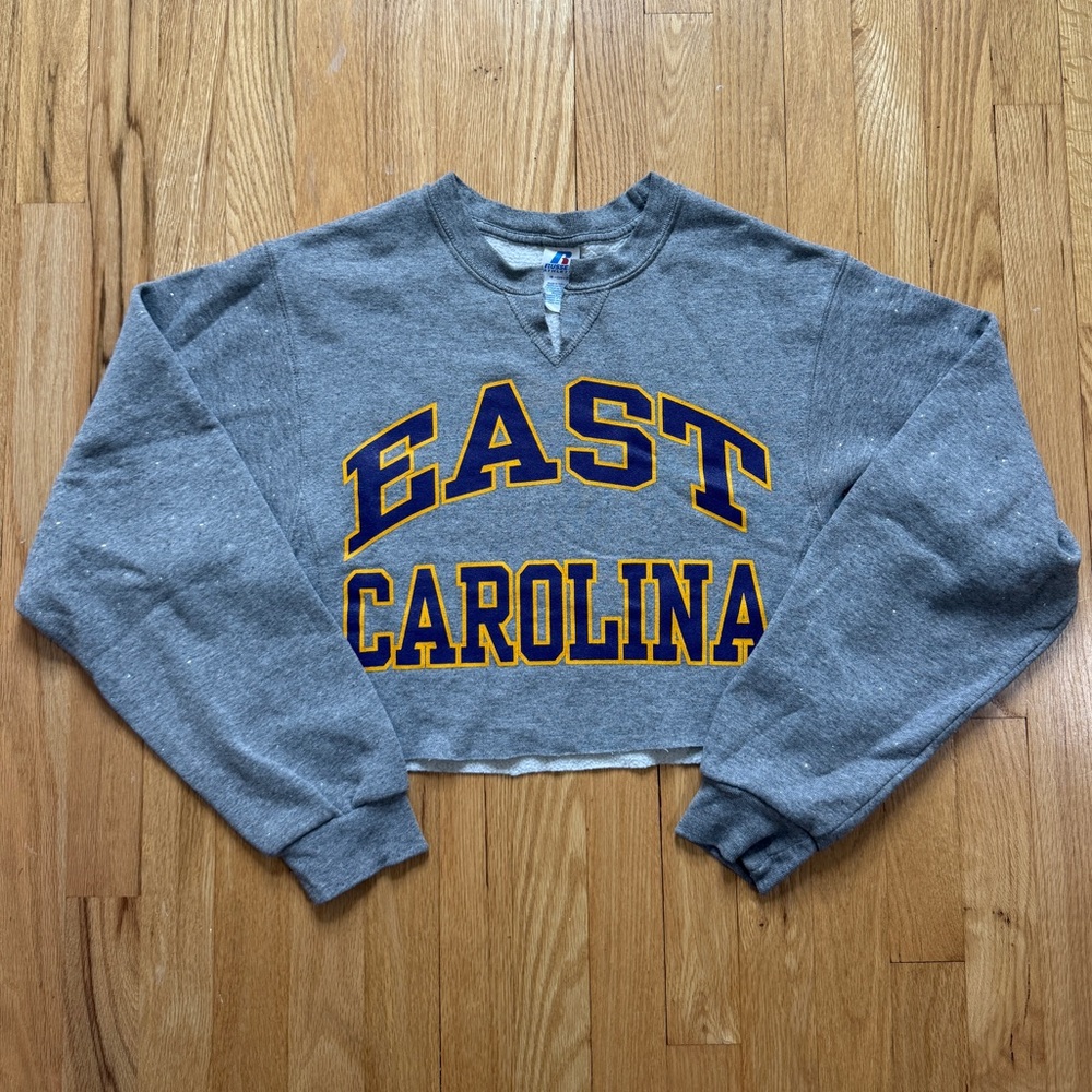 East Carolina Gray Cropped Bedazzled Sleeve Crewneck Sweatshirt